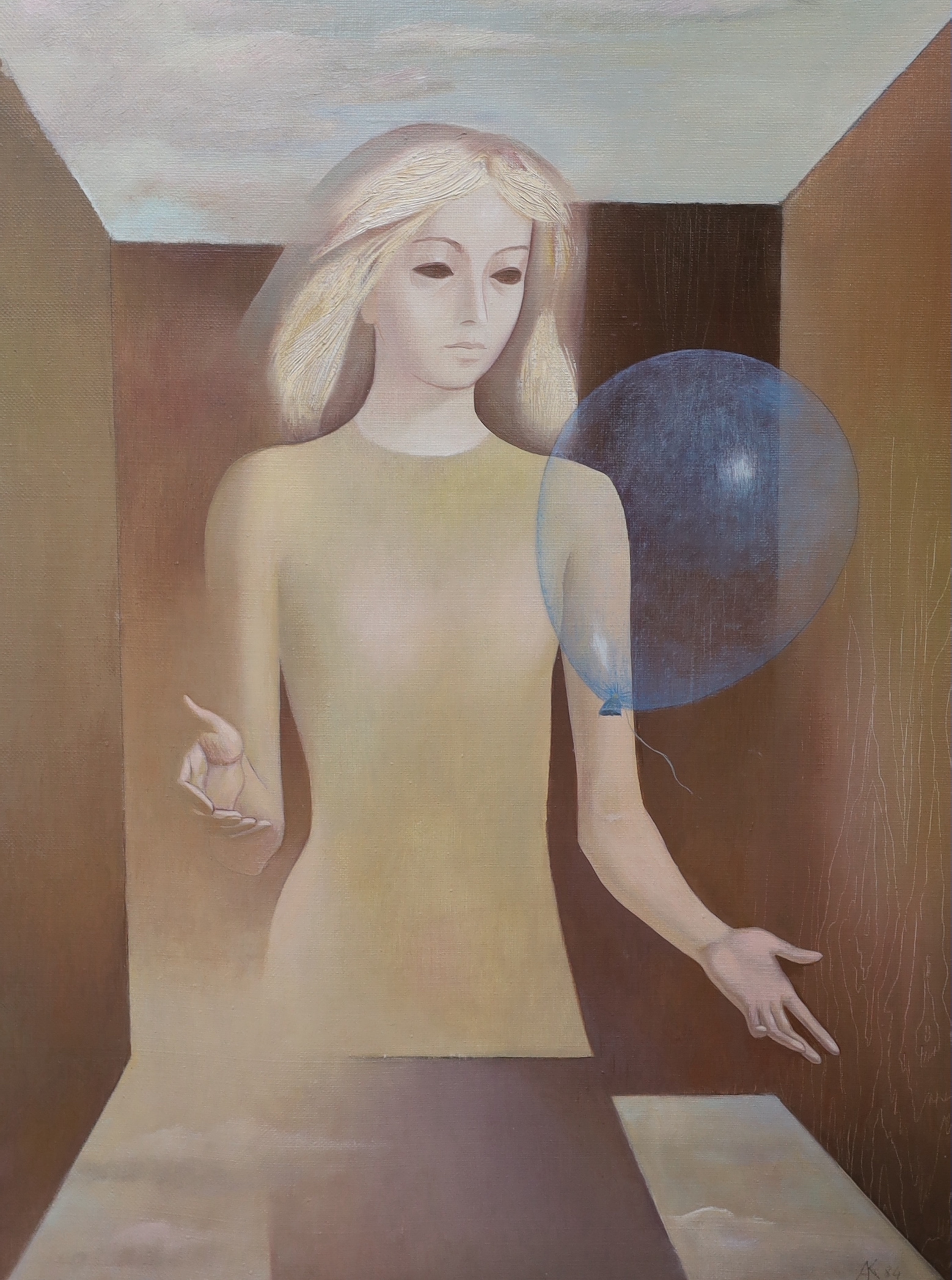 Kapen, oil on canvas, 'Woman with balloon', monogrammed and dated '84, and inscribed verso, 79 x 59cm